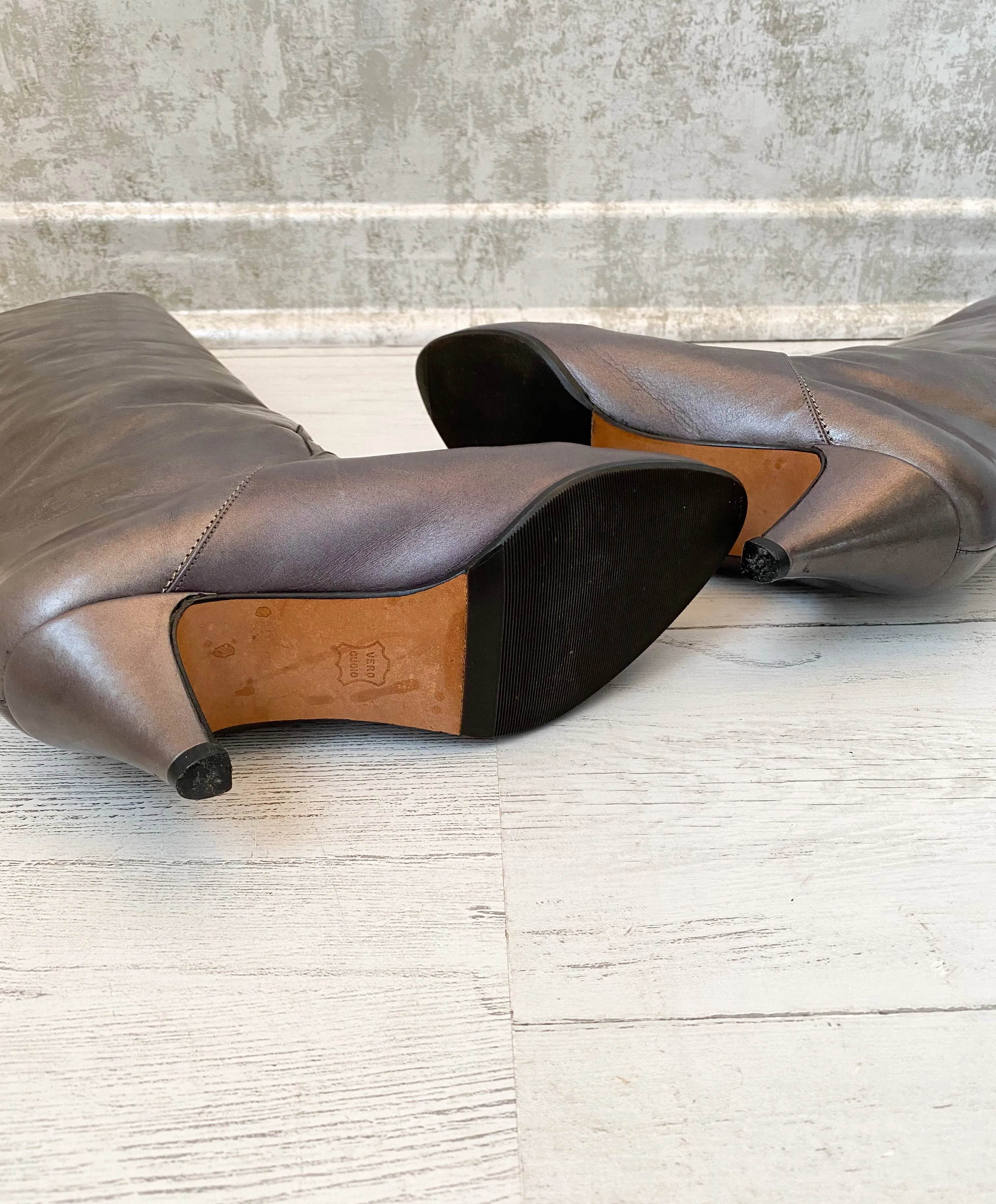 1980s Grey Metallic Tall Leather Boots