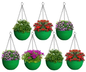 Kuber Industries Plastic Hanging Flower Pot for Balcony & Railing Set of 7 (Green)-18x18x59 cm