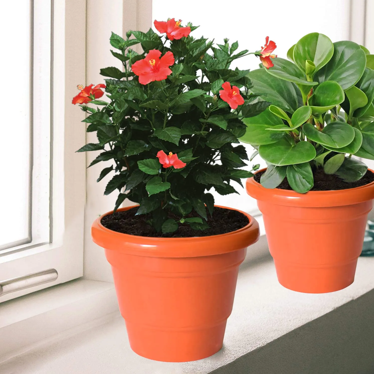 Kuber Industries Solid 2 Layered Plastic Flower Pot|Gamla for Home Decor,Nursery,Balcony,Garden,6"x5",Pack of 5 (Orange)