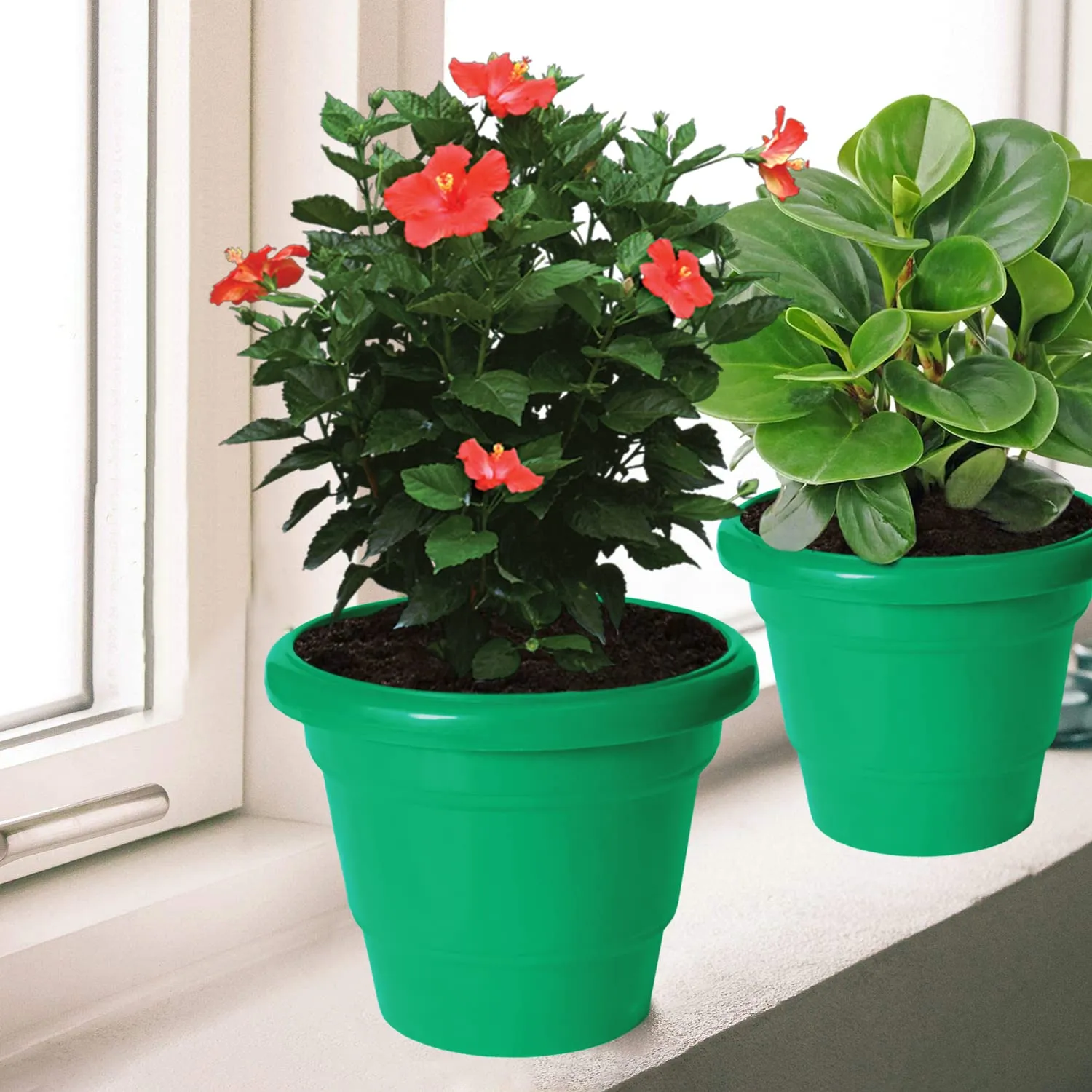 Kuber Industries Solid 2 Layered Plastic Flower Pot|Gamla for Home Decor,Nursery,Balcony,Garden,6"x5",Pack of 8 (Green)
