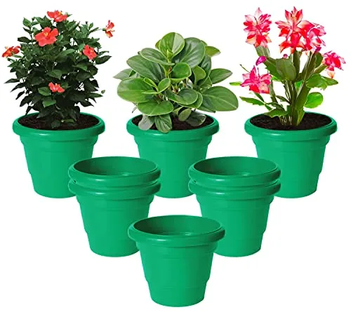 Kuber Industries Solid 2 Layered Plastic Flower Pot|Gamla for Home Decor,Nursery,Balcony,Garden,6"x5",Pack of 8 (Green)