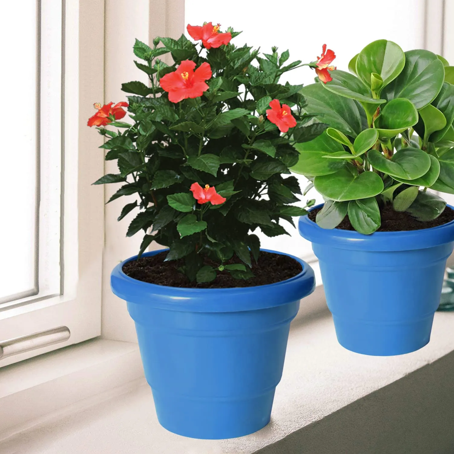Kuber Industries Solid 2 Layered Plastic Flower Pot|Gamla for Home Decor,Nursery,Balcony,Garden,8"x 6",Pack of 5 (Blue)
