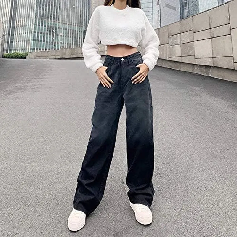 Teen Girl Gradient Black Gray Jeans High Waist Straight-Leg Tie-Dyed Printing Pants E-Girl Y2K Streetwear (Black), Medium