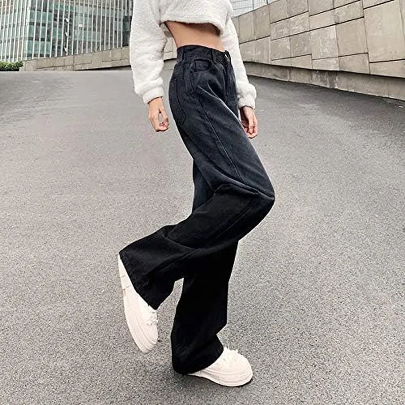 Teen Girl Gradient Black Gray Jeans High Waist Straight-Leg Tie-Dyed Printing Pants E-Girl Y2K Streetwear (Black), Medium