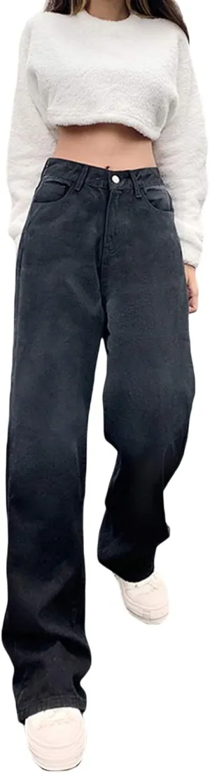 Teen Girl Gradient Black Gray Jeans High Waist Straight-Leg Tie-Dyed Printing Pants E-Girl Y2K Streetwear (Black), Medium