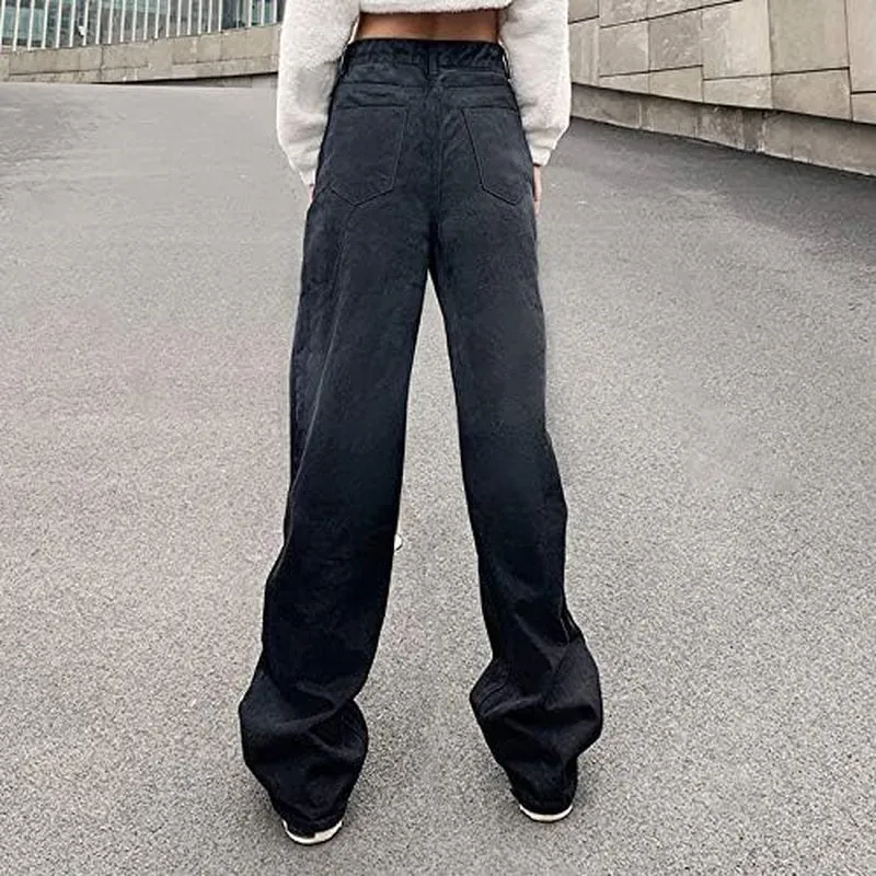 Teen Girl Gradient Black Gray Jeans High Waist Straight-Leg Tie-Dyed Printing Pants E-Girl Y2K Streetwear (Black), Medium