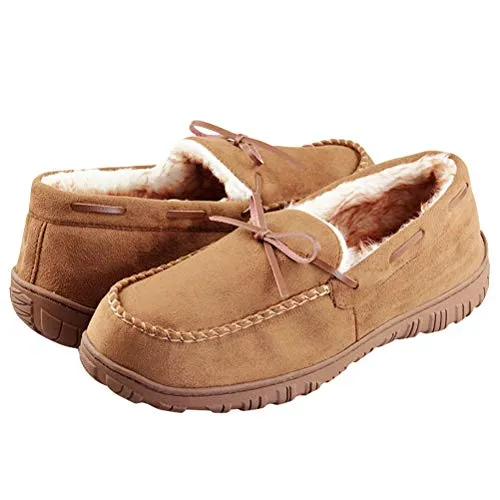 VLLY Mens Slippers Moccasins for Men Cozy Pile Lined with Microsuede Upper Indoor Outdoor Slip On House Shoes Brown Size 9