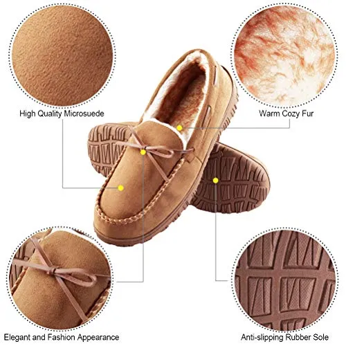 VLLY Mens Slippers Moccasins for Men Cozy Pile Lined with Microsuede Upper Indoor Outdoor Slip On House Shoes Brown Size 9