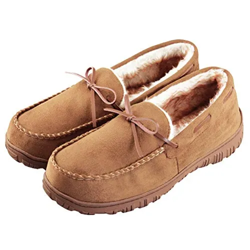 VLLY Mens Slippers Moccasins for Men Cozy Pile Lined with Microsuede Upper Indoor Outdoor Slip On House Shoes Brown Size 9
