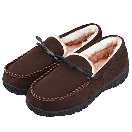 VLLY Mens Slippers Moccasins for Men Size 10 Cozy Pile Lined with Microsuede Upper Indoor Outdoor Slip On House Shoes Darkbrown